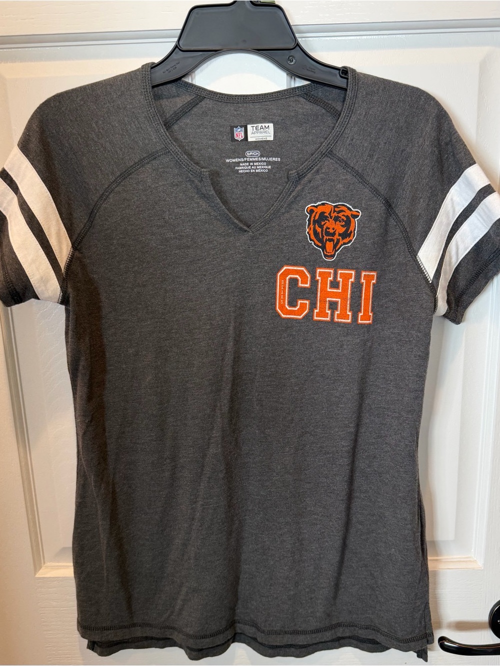Vintage Striped Sleeve Chicago Bears Gray Short Sleeve V-Neck Tee w/Orange Logo